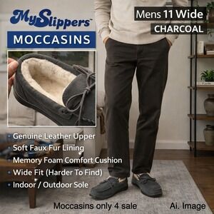 My Slippers Men's Charcoal Suede Slip-on Moccasin Slippers Size US 11W Nwt